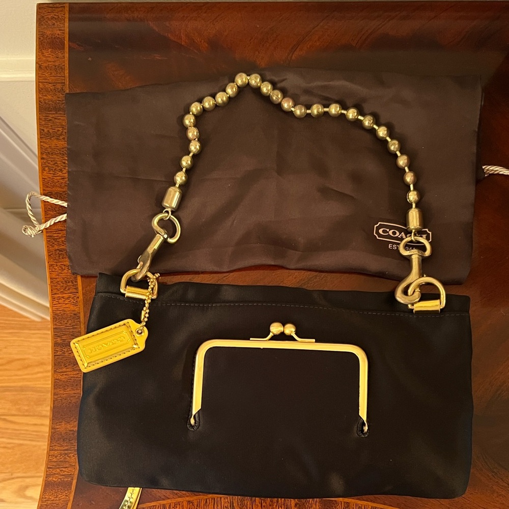 Vintage Coach Purse Black and Gold Satin Evening Bag with Chain - Picture 2 of 6